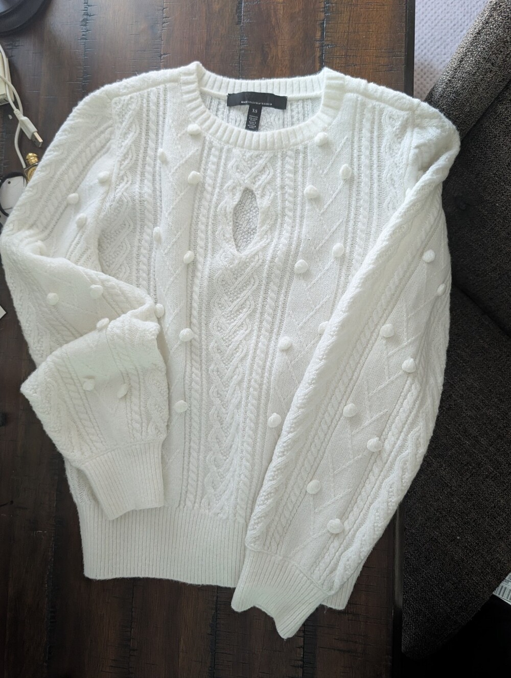 White House Black Market Cable Knit Pom-Pom Sweater - Cream White
